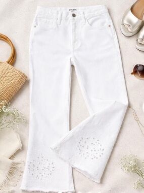 FRAME Le Crop Mini Boot White Embroidered Jeans Floral Raw Hem Size EUC